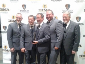 Members of Balsam Range (L-R: Tim Surrett, Caleb Smith, Buddy Melton, Darren Nicholson, and Marc Pruett) on the red carpet after accepting one of several awards in Raleigh during the IBMA Awards. Photo Courtesy of: Laughing Penguin Publicity